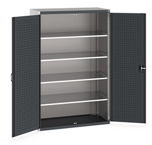 Heavy Duty Bott cubio cupboard with perfo panel lined hinged doors. 1300mm wide x 650mm deep x 2000mm high with 4 x160kg capacity shelves.... Bott Industial Tool Cupboards with Shelves